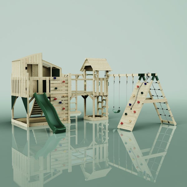 Spielplatz mit Rutsche, Schaukel und Kletterwand aus Holz