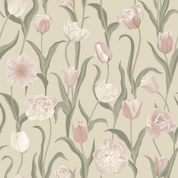Borastapeter Tapete Blumen Rosa, Grün und Beige - 53 cm x 10.05 m - 662685