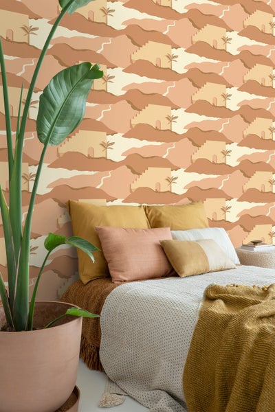 ESTAhome Tapete Mediterrane Häuser Beige und Terrakottarosa - 50 x 900 cm - 139625