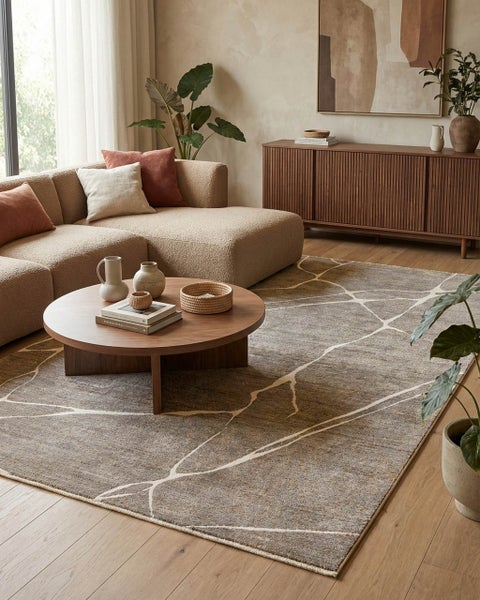 Moderner Wohnbereich mit abstrakt gemustertem Teppich, rundem Holztisch, strukturiertem Sofa und Sideboard aus Holz.