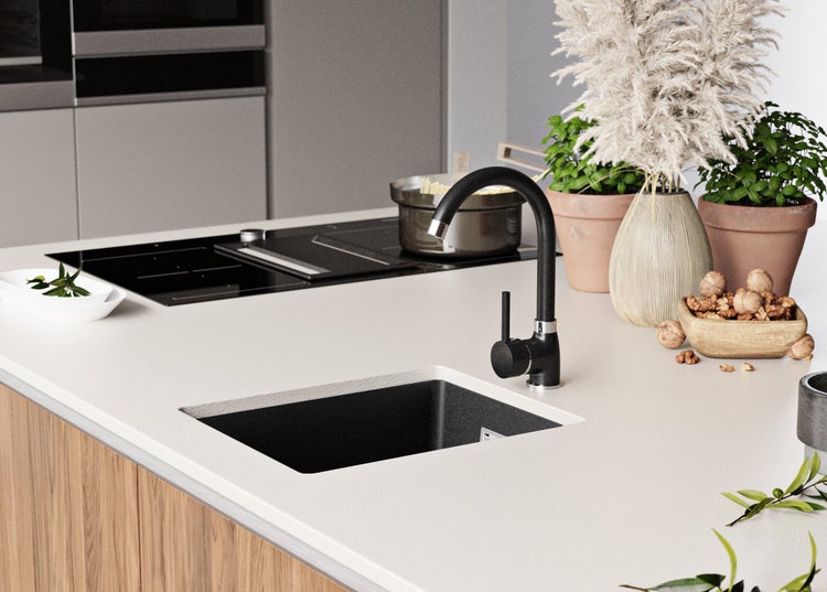 Küchenszene mit Spüle, Armatur, Kochfeld und Dekoration