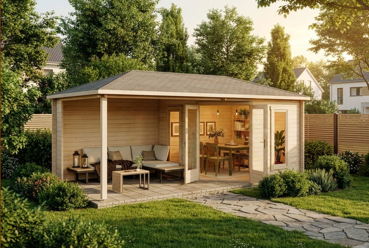 Gartenhaus mit Sitzbereich und Esszimmer im Grünen