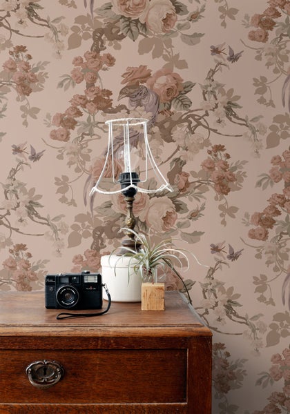 ESTAhome Tapete Blumen und Vögel Altrosa - 50 x 900 cm - 139809