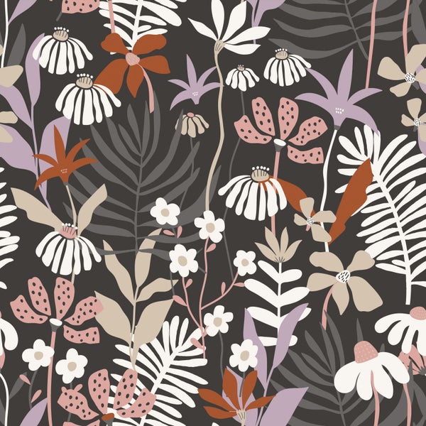 ESTAhome Tapete tropische Blätter und Blüten Grau und Mehrfarbig - 50 x 900 cm - 131001