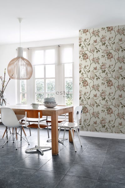 ESTAhome Tapete Blumenmuster Crême-Weiß und Altrosa - 53 cm x 10.05 m - 139406