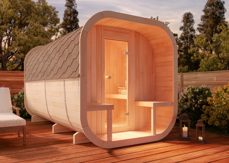 FinnTherm Fasssauna ScandiCube Deluxe Fasssauna 2 Sitzbänke aus Holz, Sauna mit 42 mm Wandstärke, Außensauna ohne Fenster, Naturbelassen 2x2,8m