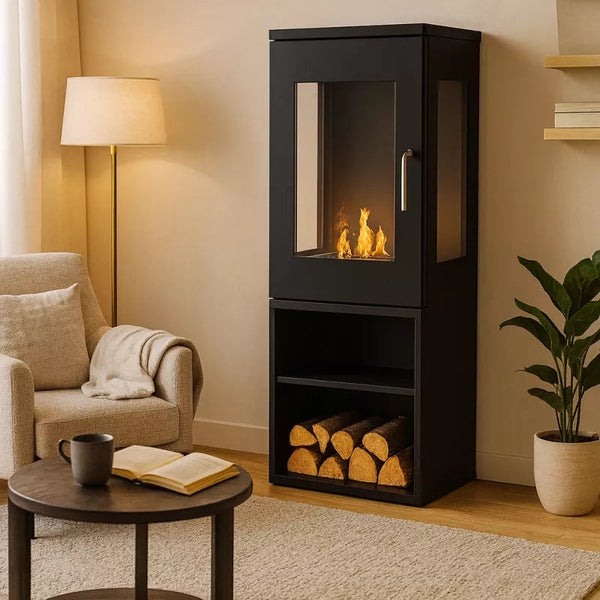 Dekoratives Wohnzimmer mit Kaminofen, Sessel, Stehlampe und Beistelltisch.