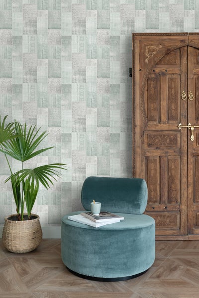 ESTAhome Tapete orientalisches-Marrakech Kelim-Patchwork Pastell Mintgrün - 53 cm x 10.05 m - 148650