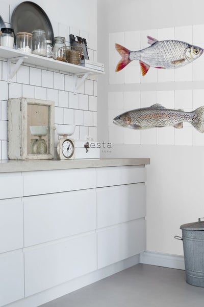 Helle Küche mit Wandfliesen, Regalen, Küchenwaage und Fischmotiven