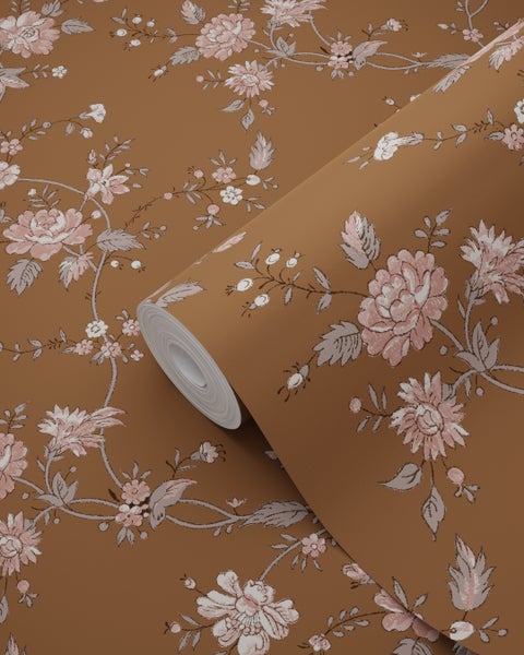 ESTAhome Tapete Blumen Rostbraun und Rosa - 53 cm x 10.05 m - 139286