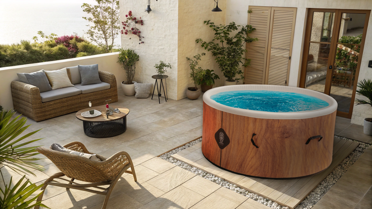 Aufblasbarer Whirlpool mit Holzdekor auf einer hellen, modern gestalteten Terrasse mit Gartenmöbeln aus Geflecht und verschiedenen Pflanzen.
