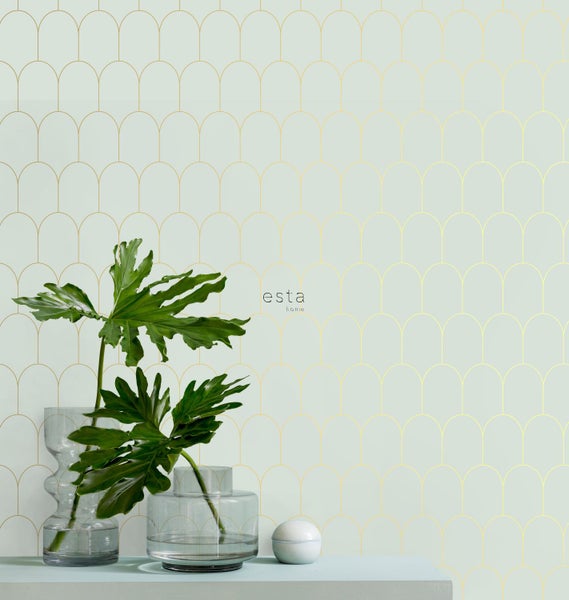ESTAhome Tapete Art Decó Muster Mintgrün und Gold - 53 cm x 10.05 m - 139202