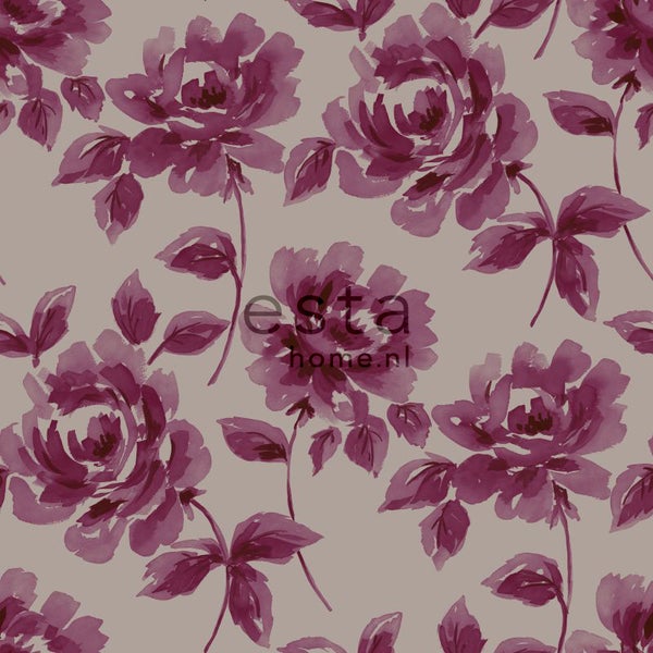 ESTAhome Tapete Aquarell gemalte Rosen Aubergineviolett und Taupe - 53 cm x 10.05 m - 128017