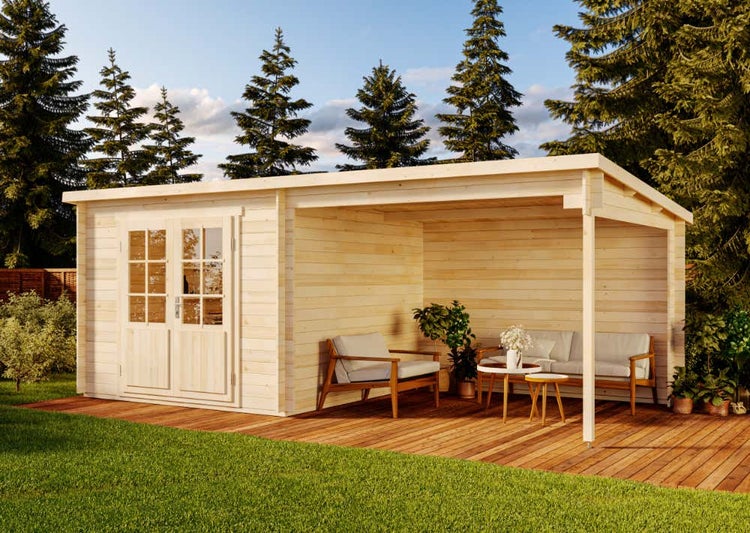 Alpholz Gartenhaus Maria-Nova-28 Gartenhaus aus Holz, Holzhaus mit 28 mm Wandstärke inklusive Terrasse, Blockbohlenhaus mit Montagematerial, Naturbelassen 6x3m