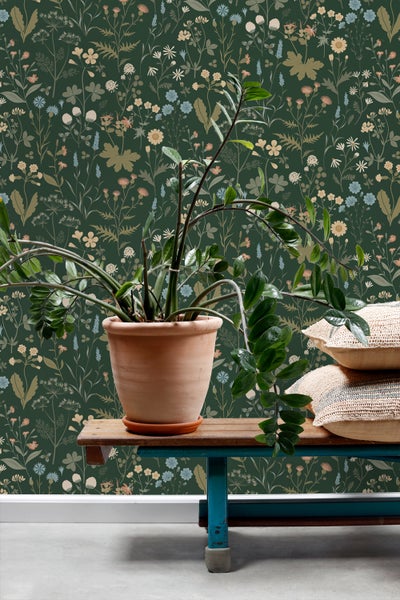 ESTAhome Tapete Feldblumen Dunkelgrün und Blau - 53 cm x 10.05 m - 139697