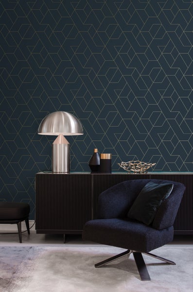 Origin Wallcoverings Tapete grafische Linien Dunkelblau und Gold - 50 x 900 cm - 347908