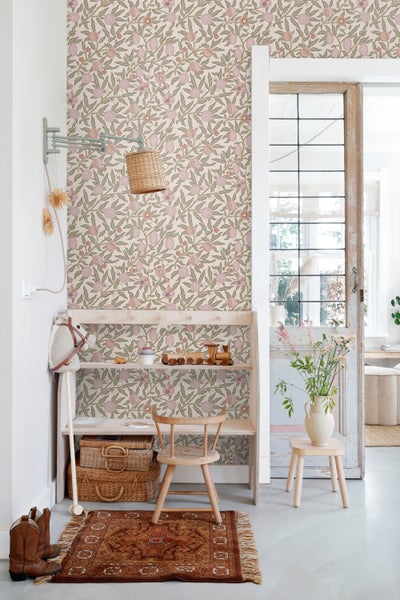 ESTAhome Tapete exotischen Früchten und Blättern Helllila und Graugrün - 50 x 900 cm - 131170