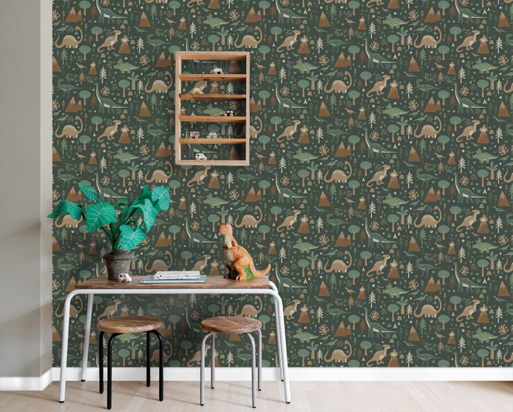 ESTAhome Tapete Dinosaurier Dunkelgrün und Braun - 50 x 900 cm - 139802