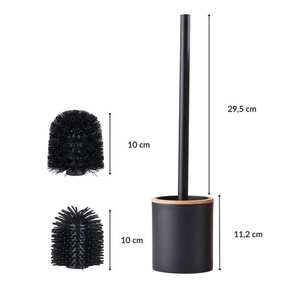 Toilettenbürste in Schwarz mit Holzrand und zwei Ersatzköpfen. Maße: Halter 11,2 Zentimeter, Stiel 29,5 Zentimeter, Köpfe 10 Zentimeter.