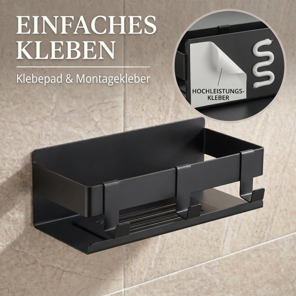 Schwarze Badablage mit Haken, Wandmontage ohne Bohren durch Klebepad und Montagekleber.