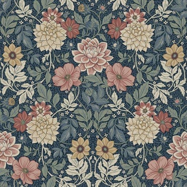 Borastapeter Tapete Blumenmuster im Jugendstil Dunkelblau - 53 cm x 10.05 m - 660400