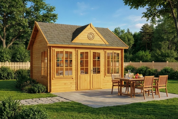 Geräumiges Gartenhaus aus Holz mit Sprossenfenstern, Doppeltür und grauer Schindelbedeckung auf einer Steinterrasse mit hölzerner Sitzgruppe.