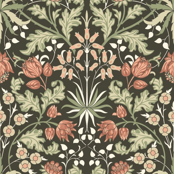 ESTAhome Tapete Blumenmuster im Jugendstil Dunkelgrün und Terrakotta - 50 x 900 cm - 131183