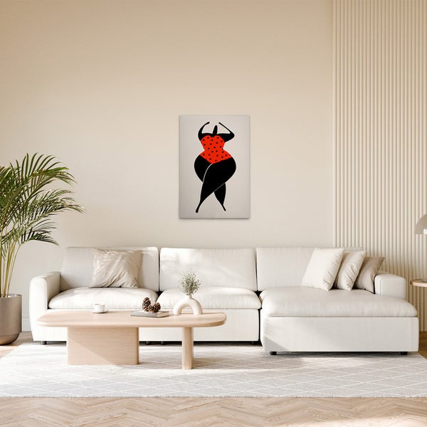 Gemälde einer stilisierten Frau mit rotem Badeanzug im Wohnzimmer