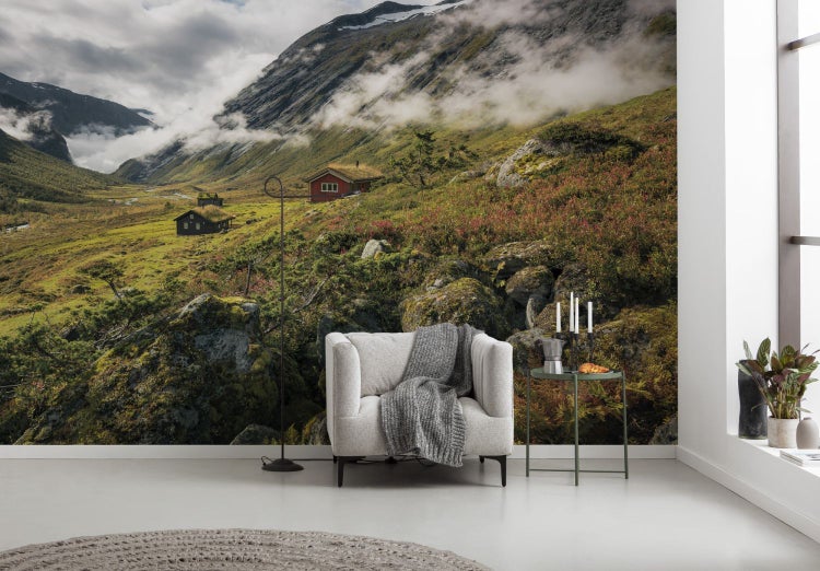 Wandbild mit Gebirgslandschaft, Häusern und Tal