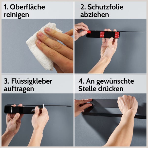 Küchenrollenhalter aus Metall in Schwarz zur Wandmontage ohne Bohren mit Klebestreifen, inklusive Küchenrolle, in Deutschland entworfen.