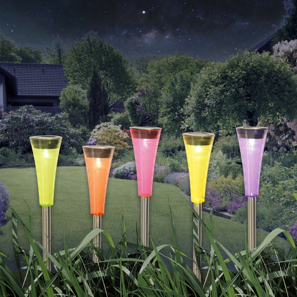 Eine Reihe von Solarleuchten im Garten bei Nacht.