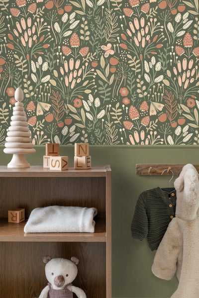 ESTAhome Tapete Blätter und Blumen Grün und Terrakotta - 50 x 900 cm - 131383