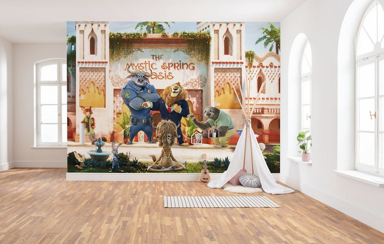 Fototapete mit Zootopia-Motiv in einem hellen Kinderzimmer