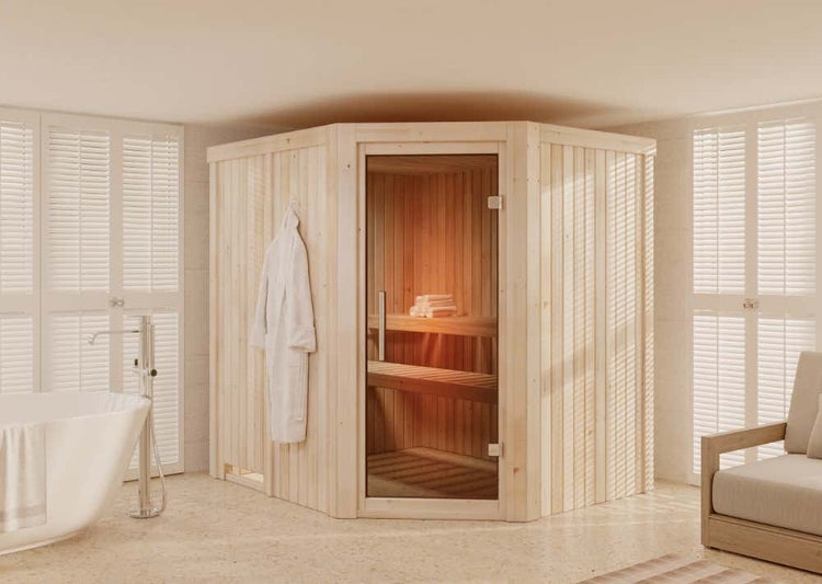 FinnTherm Innensauna Ria mit Eckeinstieg aus Holz Innensauna mit 68 mm Wandstärke Saunakabine Infrarotsauna