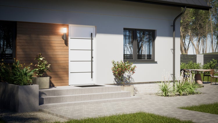 Außenansicht eines Hauses mit Eingangstür, Fenster und Garten