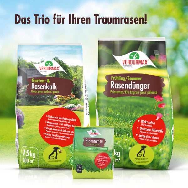 Produktgruppe für Rasenpflege mit Rasenkalk, Rasendünger und Rasensamen von Verdurmax