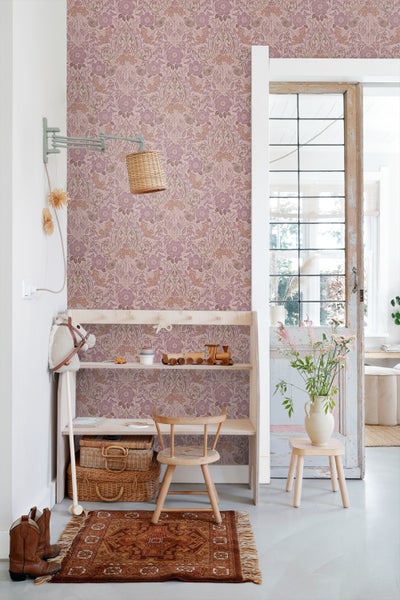 ESTAhome Tapete Blumen und Vögel Altrosa und Violett - 50 x 900 cm - 131209