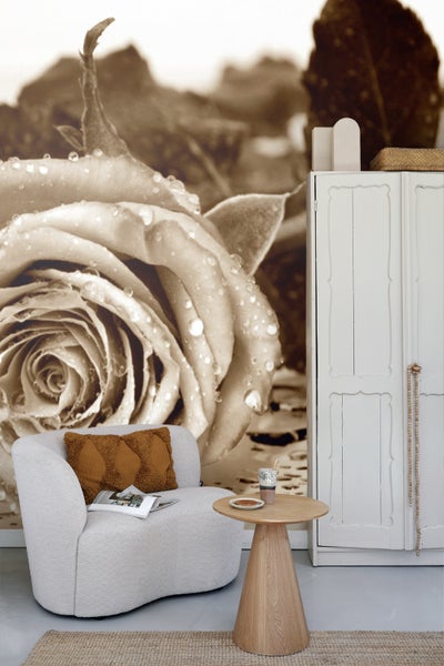 Einrichtungsidee mit Sessel, Beistelltisch, Schrank und Fototapete mit Rosenmotiv