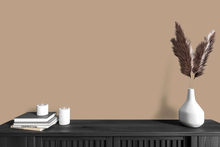 Wandfarbe in Beige hinter einem dunklen Sideboard mit Vase, Pampasgras und Büchern in einem modern gestalteten Raum.