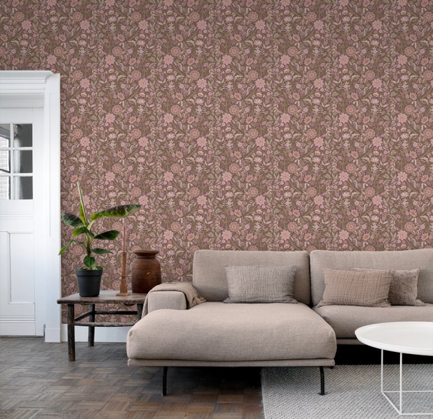 ESTAhome Tapete Blumenmuster mauve-violett und Graugrün - 50 x 900 cm - 131337