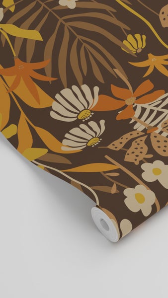 ESTAhome Tapete tropische Blätter und Blüten Braun und Mehrfarbig - 50 x 900 cm - 130997