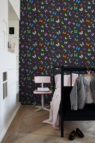 ESTAhome Tapete Schmetterlinge Multicolor auf Schwarz - 53 cm x 10.05 m - 138508