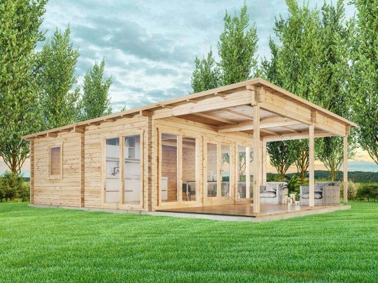 Alpholz Garten-und Freizeithaus Carroz-Modern 70 ISO Blockhaus aus Holz Holzhaus mit 70 mm Wandstärke inklusive Terrasse, Blockbohlenhaus mit Montagematerial imprägniert 6x9m