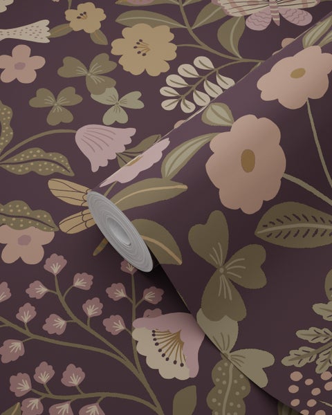 ESTAhome Tapete Blumen und Vögel Aubergineviolett, Olivgrün und Violett - 53 cm x 10.05 m - 139871