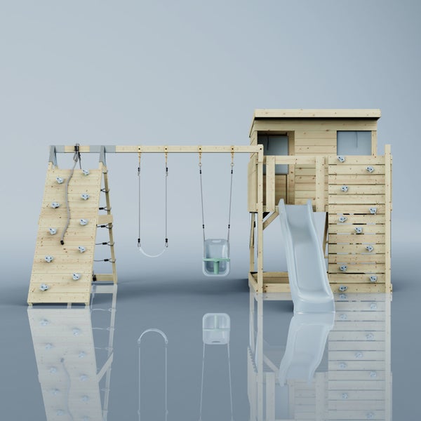 Spielturm aus Holz mit Wellenrutsche, Doppelschaukel und Kletterwänden für den Garten.