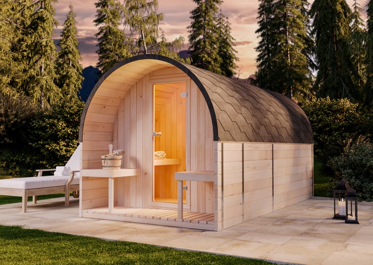 FinnTherm Fasssauna ScandiPod Deluxe Fasssauna 2 Sitzbänke aus Holz, Sauna mit 42 mm Wandstärke, Außensauna ohne Fenster, Naturbelassen 2x4m