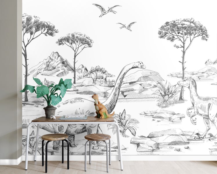 ESTAhome Fototapete Dinosaurier Schwarz-Weiß - 300 x 279 cm - 159063