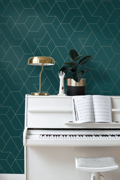 ESTAhome Tapete grafische Linien Petrolblau und Gold - 50 x 900 cm - 139947
