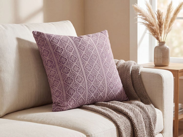 Strukturkissen mit floralem Muster auf einem Sofa mit einer Strickdecke in einem hellen Wohnraum.