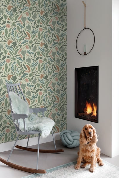 ESTAhome Tapete Blätter und Blumen Dunkelgrün, Blau und Rosa - 50 x 900 cm - 131053